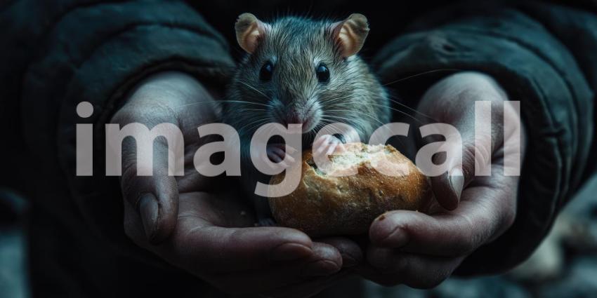 A Trusting Glance: A Brown Rat Reaches for a Piece of Bread Offered by Kind Hands