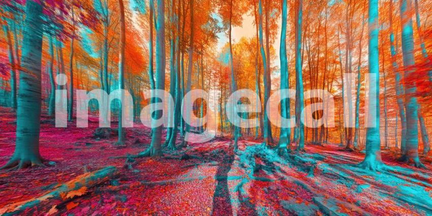 Autumnal Enchantment: A Path Winds Through a Forest of Crimson Birch Trees