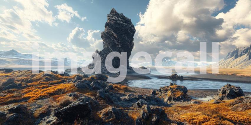 Serene Seascape: A Dramatic Rock Formation Stands Tall by a Tranquil Lake