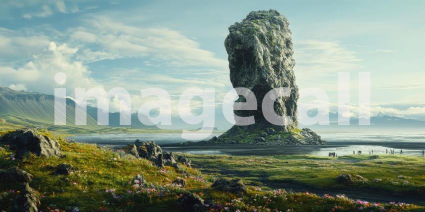 Serene Seascape: A Dramatic Rock Formation Stands Tall by a Tranquil Lake