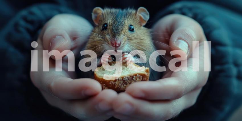 A Trusting Glance: A Brown Rat Reaches for a Piece of Bread Offered by Kind Hands