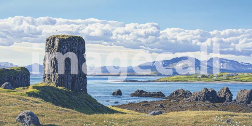 Serene Seascape: A Dramatic Rock Formation Stands Tall by a Tranquil Lake