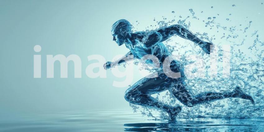 Dynamic Water Figure in Motion: Surreal Scene of a Human-Like Water Form Running on a Water Surface
