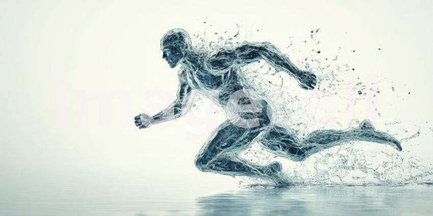 Dynamic Water Figure in Motion: Surreal Scene of a Human-Like Water Form Running on a Water Surface
