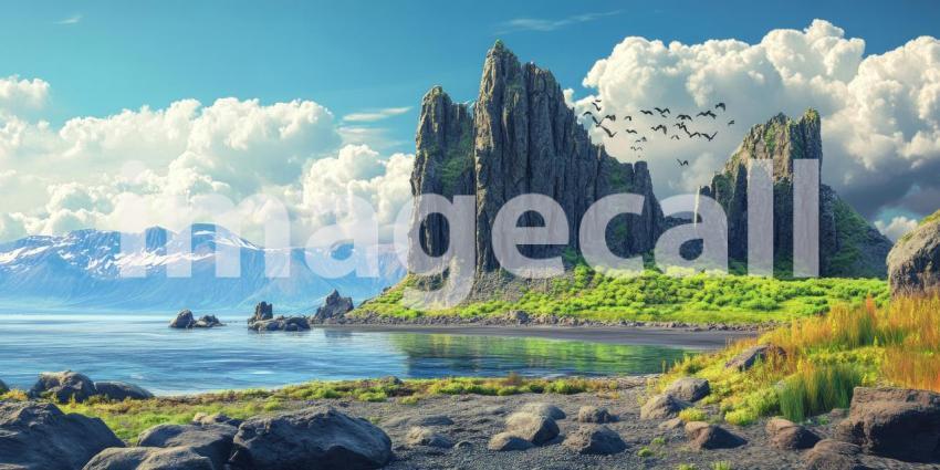 Serene Seascape: A Dramatic Rock Formation Stands Tall by a Tranquil Lake