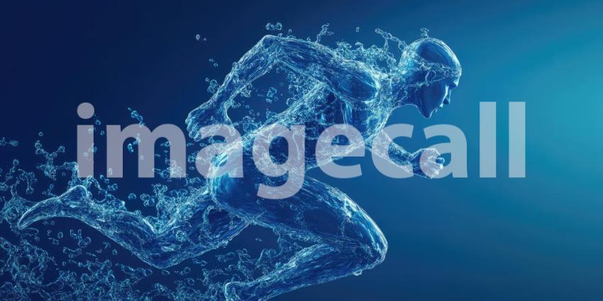 Dynamic Water Figure in Motion: Surreal Scene of a Human-Like Water Form Running on a Water Surface