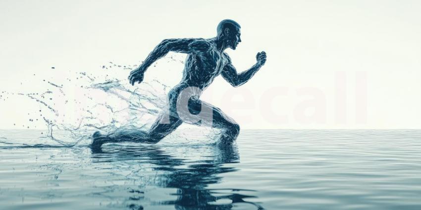 Dynamic Water Figure in Motion: Surreal Scene of a Human-Like Water Form Running on a Water Surface