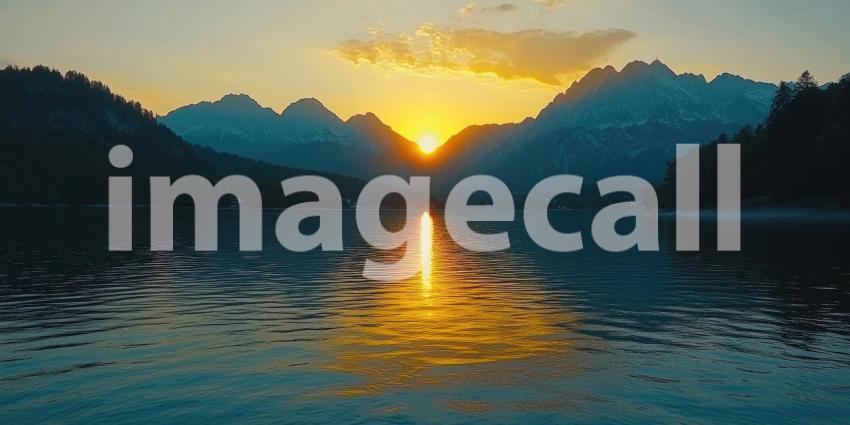 Golden Hour Serenity: A Sun-kissed Mountain Lake at Sunset