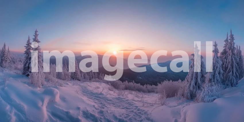 A Winter Sunrise Paints the Snow-Capped Mountains with Gold