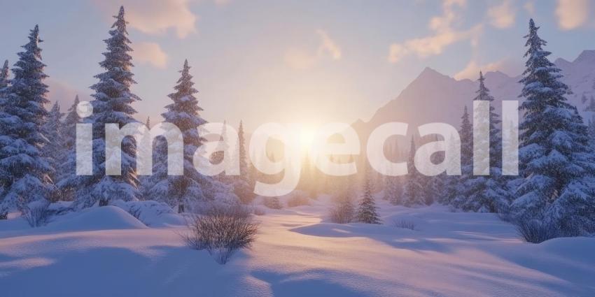 A Winter Sunrise Paints the Snow-Capped Mountains with Gold