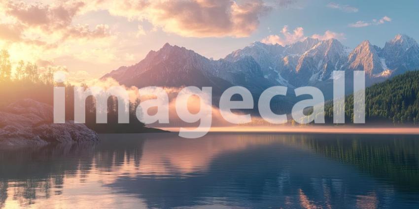 Golden Hour Serenity: A Sun-kissed Mountain Lake at Sunset