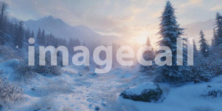 A Winter Sunrise Paints the Snow-Capped Mountains with Gold