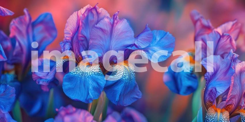 A Symphony of Colors: Irises Dance in the Warm Glow of Sunset, Their Petals a Tapestry of Vivid Hues.