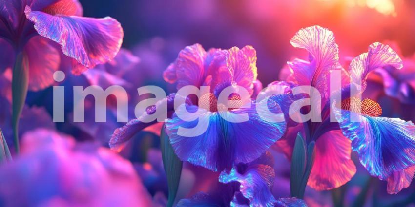 A Symphony of Colors: Irises Dance in the Warm Glow of Sunset, Their Petals a Tapestry of Vivid Hues.