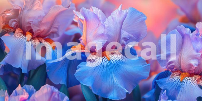 A Symphony of Colors: Irises Dance in the Warm Glow of Sunset, Their Petals a Tapestry of Vivid Hues.