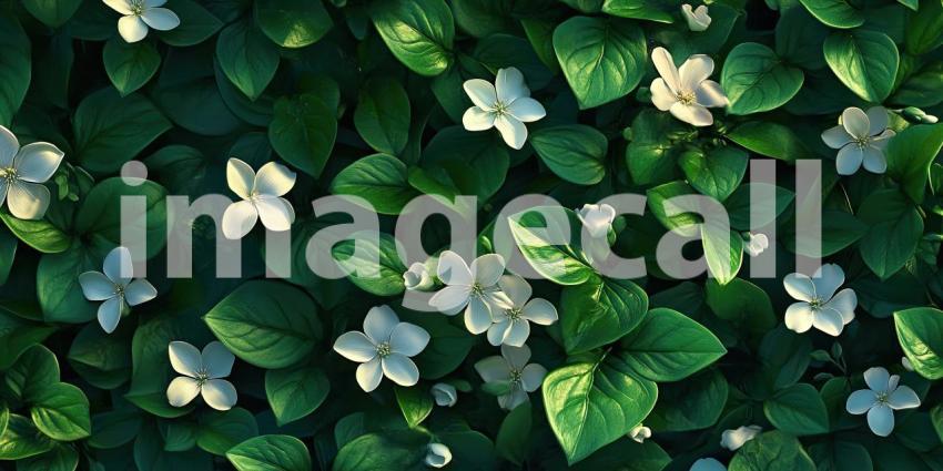 A Tapestry of Life: Delicate White Blossoms Emerge from a Sea of Lush Green Leaves, Creating a Breathtaking Floral Tapestry.