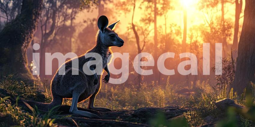 A Kangaroo's Watch: The Outback Stretches Beyond, Mountains Rising Like Guardians, Under a Sky Painted with Clouds.