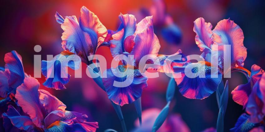 A Symphony of Colors: Irises Dance in the Warm Glow of Sunset, Their Petals a Tapestry of Vivid Hues.