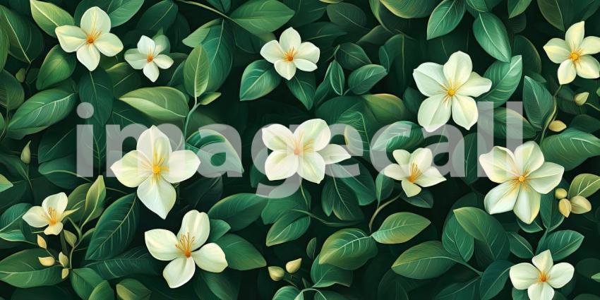 A Tapestry of Life: Delicate White Blossoms Emerge from a Sea of Lush Green Leaves, Creating a Breathtaking Floral Tapestry.