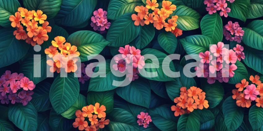 A Tapestry of Crimson and Jade: A Symphony of Vibrant Red Blossoms Dances Amongst a Sea of Lush Green Leaves, Creating a Mesmerizing Floral Tapestry.