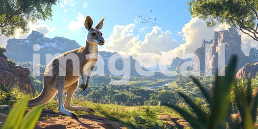 A Kangaroo's Watch: The Outback Stretches Beyond, Mountains Rising Like Guardians, Under a Sky Painted with Clouds.