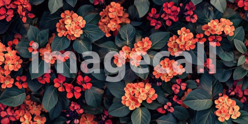 A Tapestry of Crimson and Jade: A Symphony of Vibrant Red Blossoms Dances Amongst a Sea of Lush Green Leaves, Creating a Mesmerizing Floral Tapestry.