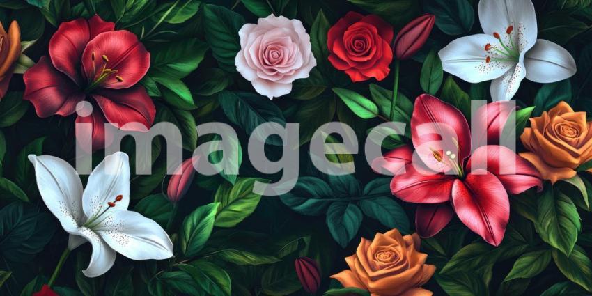 A Nocturnal Bloom: A Lush Tapestry of Roses and Lilies, Bathed in Moonlight, Unfurls Against a Velvet Night Sky.