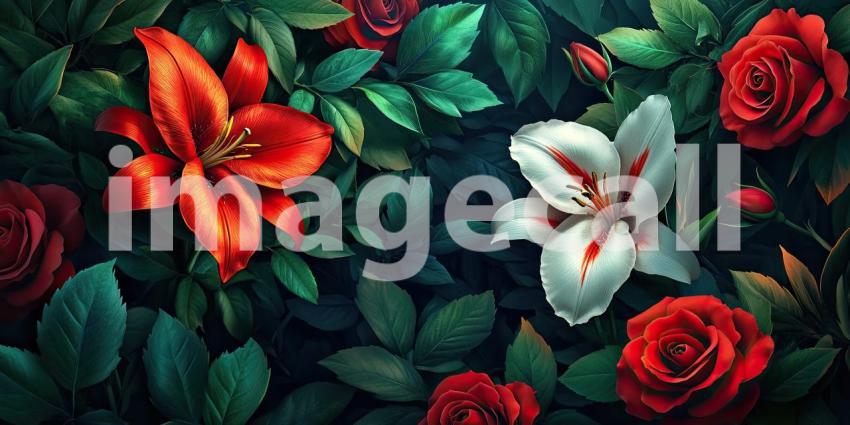 A Nocturnal Bloom: A Lush Tapestry of Roses and Lilies, Bathed in Moonlight, Unfurls Against a Velvet Night Sky.