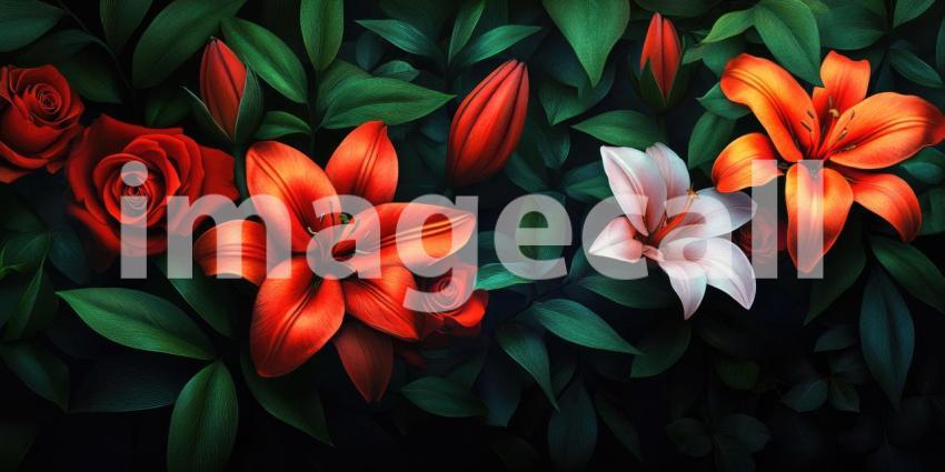 A Nocturnal Bloom: A Lush Tapestry of Roses and Lilies, Bathed in Moonlight, Unfurls Against a Velvet Night Sky.