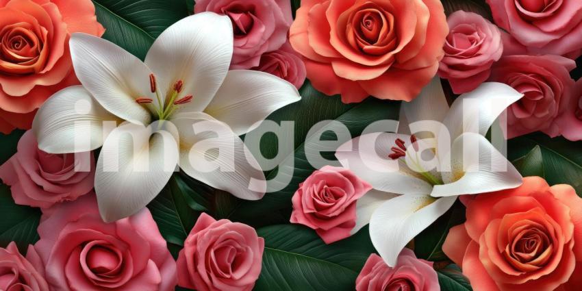 A Nocturnal Bloom: A Lush Tapestry of Roses and Lilies, Bathed in Moonlight, Unfurls Against a Velvet Night Sky.