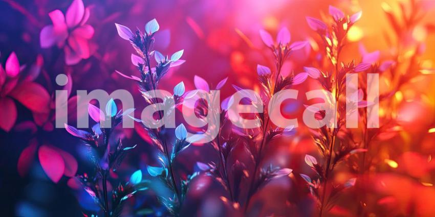 A Dreamlike Bloom: A Field of Flowers, Bathed in a Kaleidoscope of Colors, Shimmers Under a Twilight Sky, Creating a Scene of Enchanting Beauty.