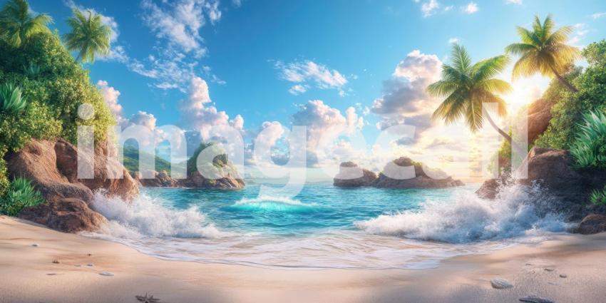 Tropical Paradise: A Secluded Beach with Crystal-Clear Water and Swaying Palms