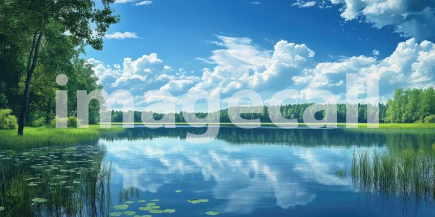 Tranquil Waterscape: A Serene Lake Reflects the Sky and Surrounding Hills