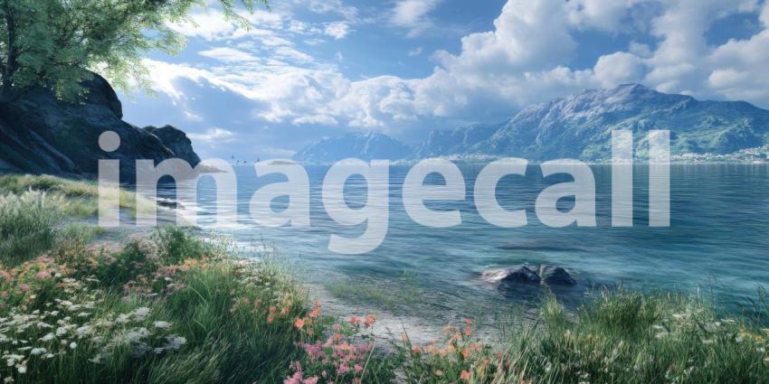 Tranquil Waterscape: A Serene Lake Reflects the Sky and Surrounding Hills