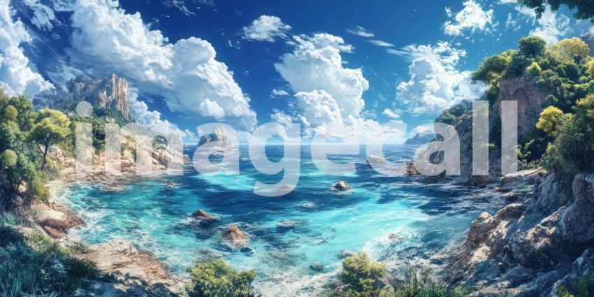 Tranquil Waterscape: A Serene Lake Reflects the Sky and Surrounding Hills