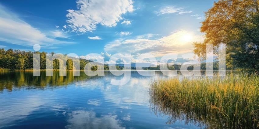 Tranquil Waterscape: A Serene Lake Reflects the Sky and Surrounding Hills
