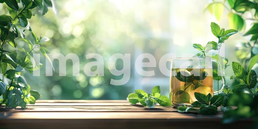 Nature's Refreshment: A glass of cool, minty tea, garnished with fresh leaves, beckons amidst a lush green landscape, promising a moment of tranquility and refreshment.