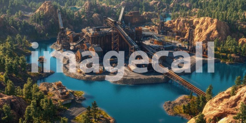 Heavy machinery carves its way through the rugged mountain terrain, extracting resources from the earth