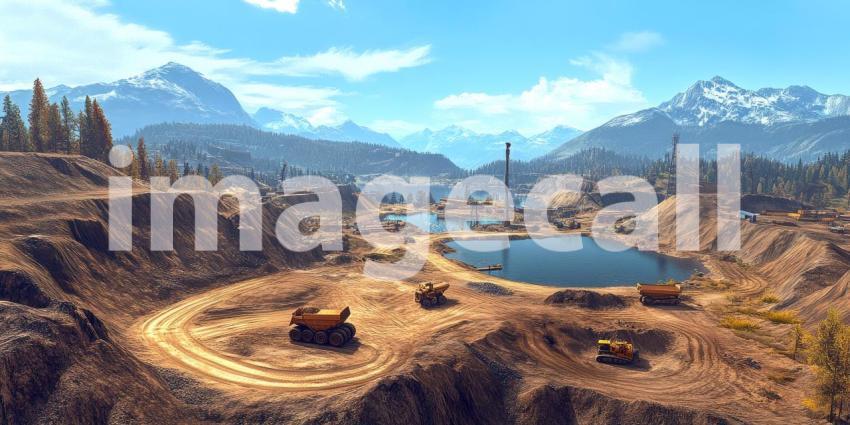 Heavy machinery carves its way through the rugged mountain terrain, extracting resources from the earth