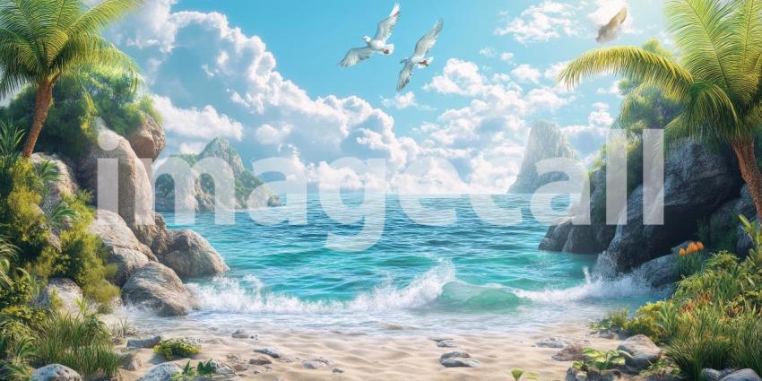 Tropical Paradise: A Secluded Beach with Crystal-Clear Water and Swaying Palms