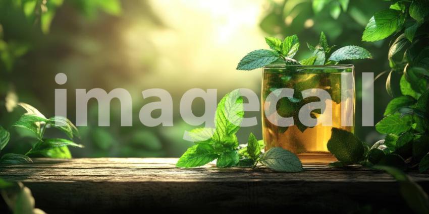 Nature's Refreshment: A glass of cool, minty tea, garnished with fresh leaves, beckons amidst a lush green landscape, promising a moment of tranquility and refreshment.