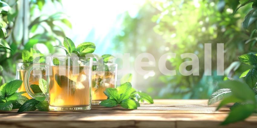 Nature's Refreshment: A glass of cool, minty tea, garnished with fresh leaves, beckons amidst a lush green landscape, promising a moment of tranquility and refreshment.