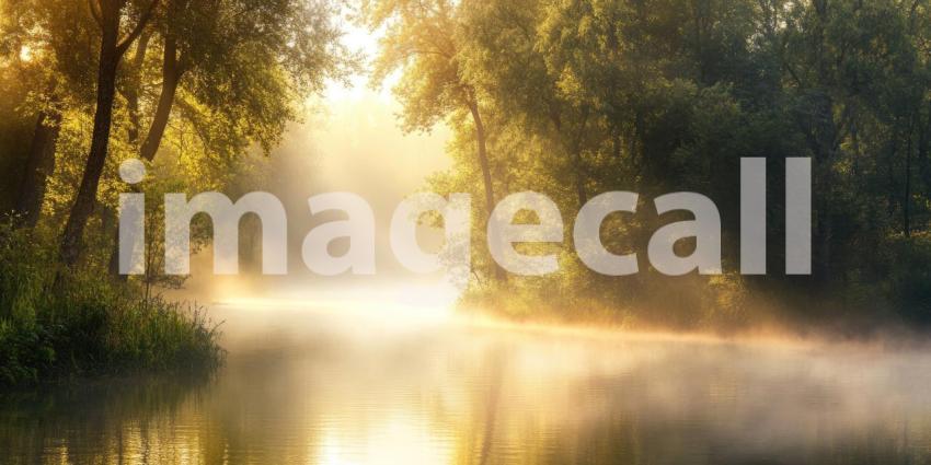 Golden Hour on the River: Sunlight pierces the morning mist, illuminating a tranquil river winding through a lush green forest, creating a scene of ethereal beauty.