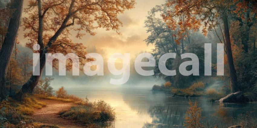 Golden Hour on the River: Sunlight pierces the morning mist, illuminating a tranquil river winding through a lush green forest, creating a scene of ethereal beauty.