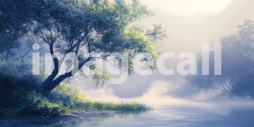 Golden Hour on the River: Sunlight pierces the morning mist, illuminating a tranquil river winding through a lush green forest, creating a scene of ethereal beauty.