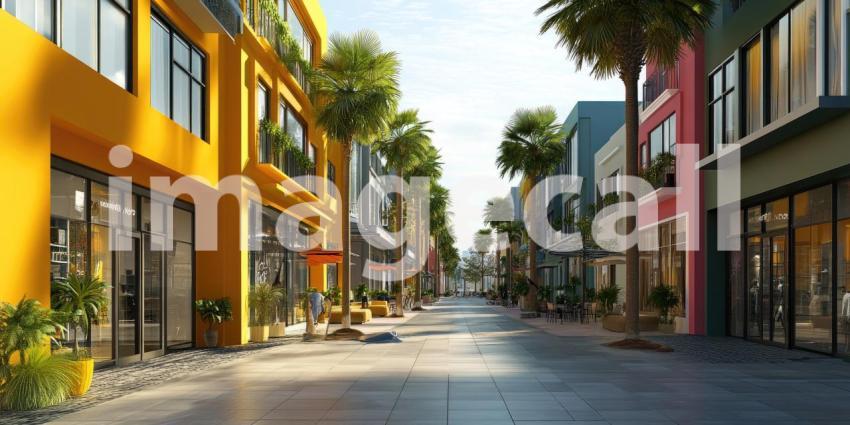 A Stroll Through Color: A vibrant street lined with colorful buildings and lush greenery invites you to explore and discover hidden gems.