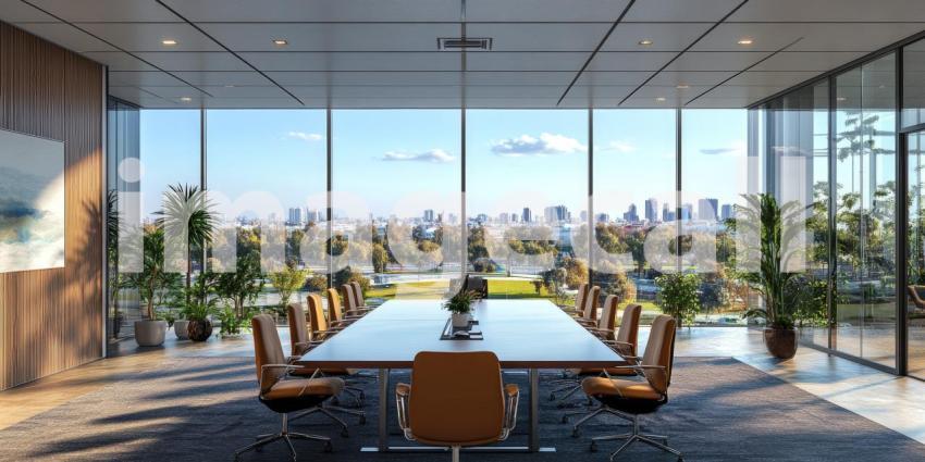 Panoramic Perspective: A sleek boardroom offers breathtaking views of the city skyline, inspiring innovation and collaboration.