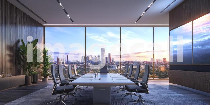 Panoramic Perspective: A sleek boardroom offers breathtaking views of the city skyline, inspiring innovation and collaboration.