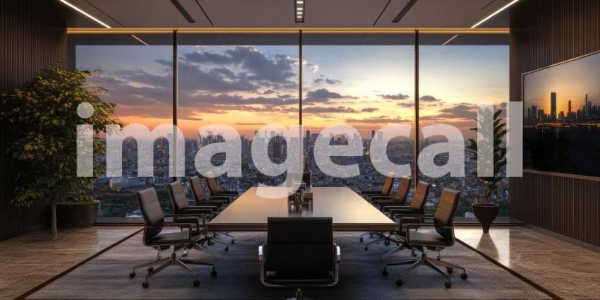 Panoramic Perspective: A sleek boardroom offers breathtaking views of the city skyline, inspiring innovation and collaboration.
