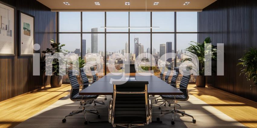 Panoramic Perspective: A sleek boardroom offers breathtaking views of the city skyline, inspiring innovation and collaboration.
